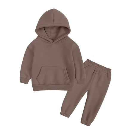 

BIZIZA Outfit Set for Baby Pants Fleece Hoodie 2-Piece Long Sleeve Solid Color 1-13Y Kids Brown 160