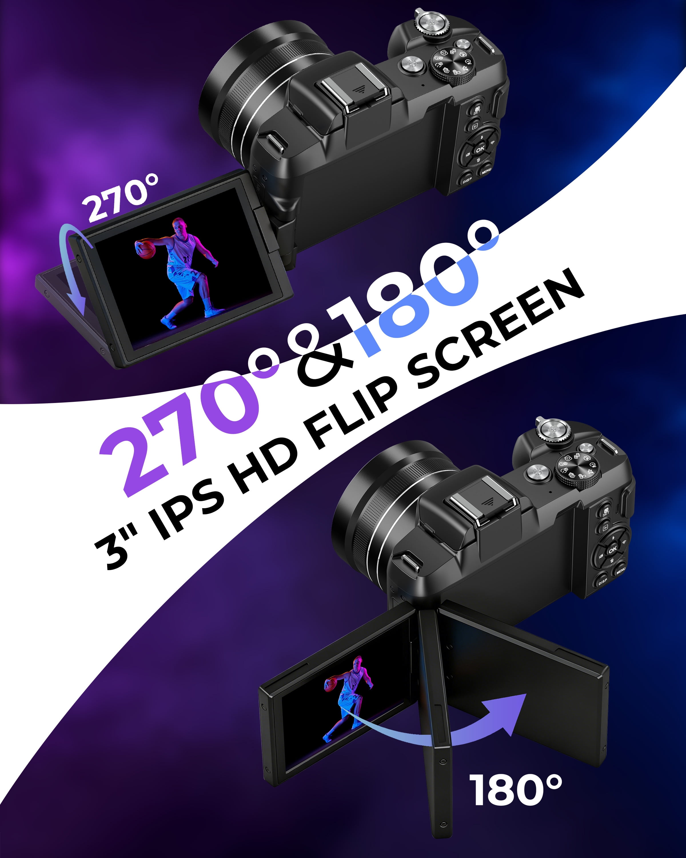 MARVUE Digital Camera 5K UHD 80MP WiFi Vlogging Camera Photography 3’’270 Flip Screen Autofocus with 32GB TF Card