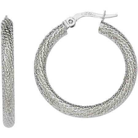 10kt White Gold Polished and Textured Hinged Hoop Earrings