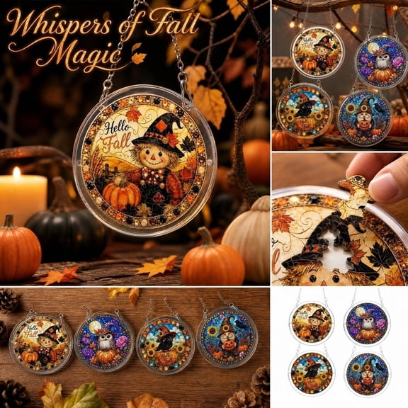 Hello Fall Round Acrylic Suncatcher Wall Hanging, Witch Hat Animal Pumpkin Stained Glass Style Window Decor, Seasonal Decor For Garden Living Room, Ideal Small Gift For Halloween Fall Festival Gift