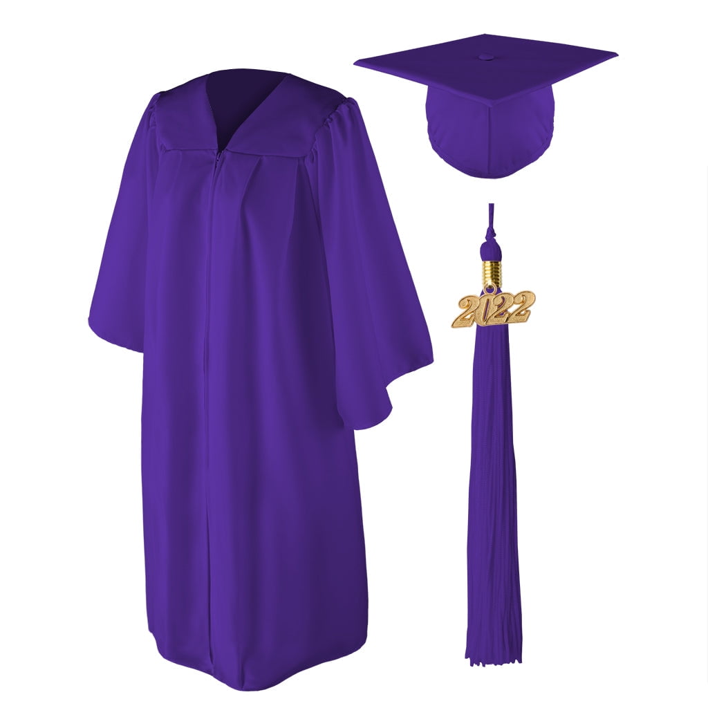 purple and gold cap and gown
