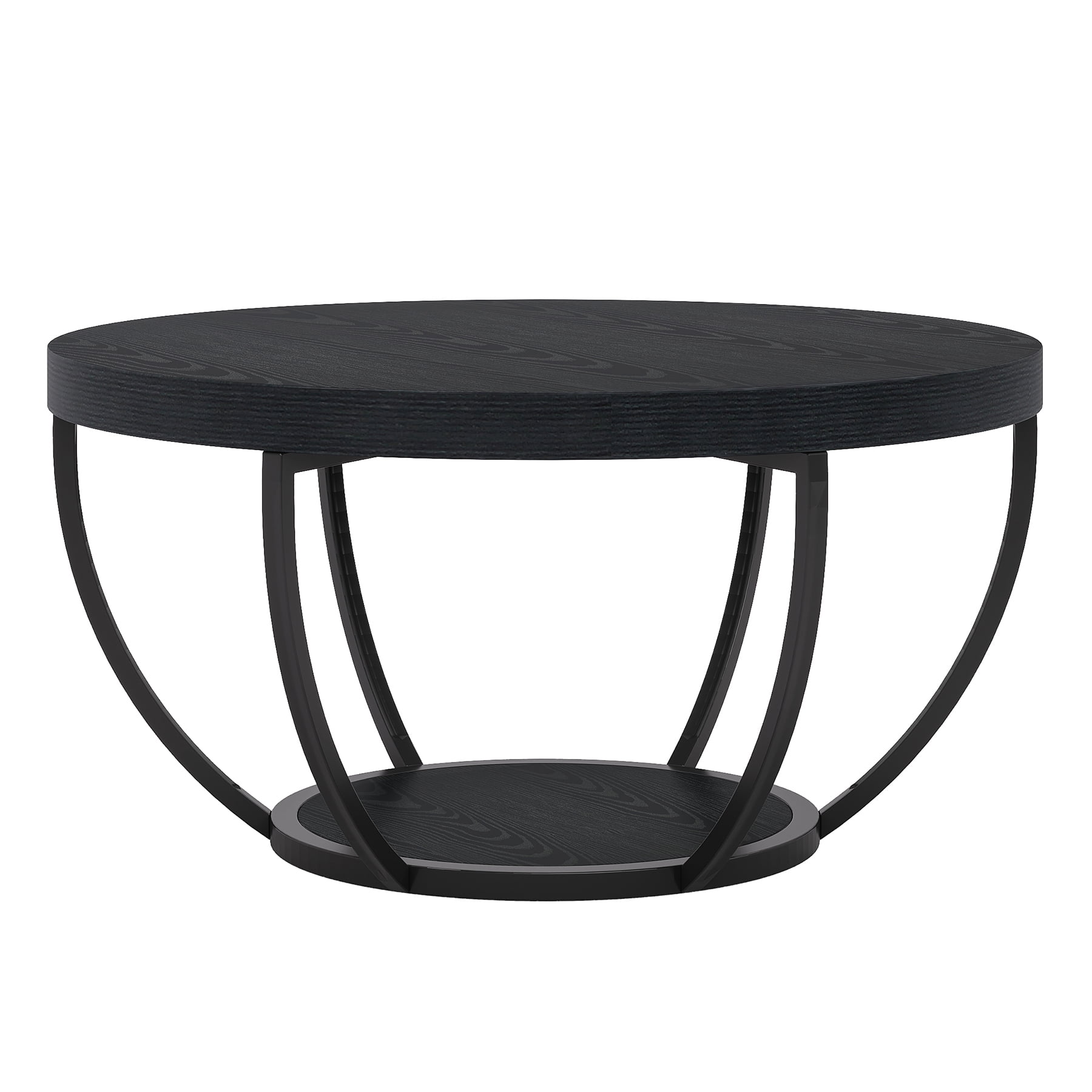 Fnova Coffee Table with 2 - Tier Storage, 32" Round Wood Coffee Table with Metal Legs, Modern Rustic Style Center Table for Living Room, Dark Black