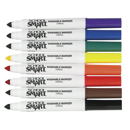 School Smart Non-Toxic Quick Dry Washable Marker, Conical Tip, Assorted Colors, Pack of