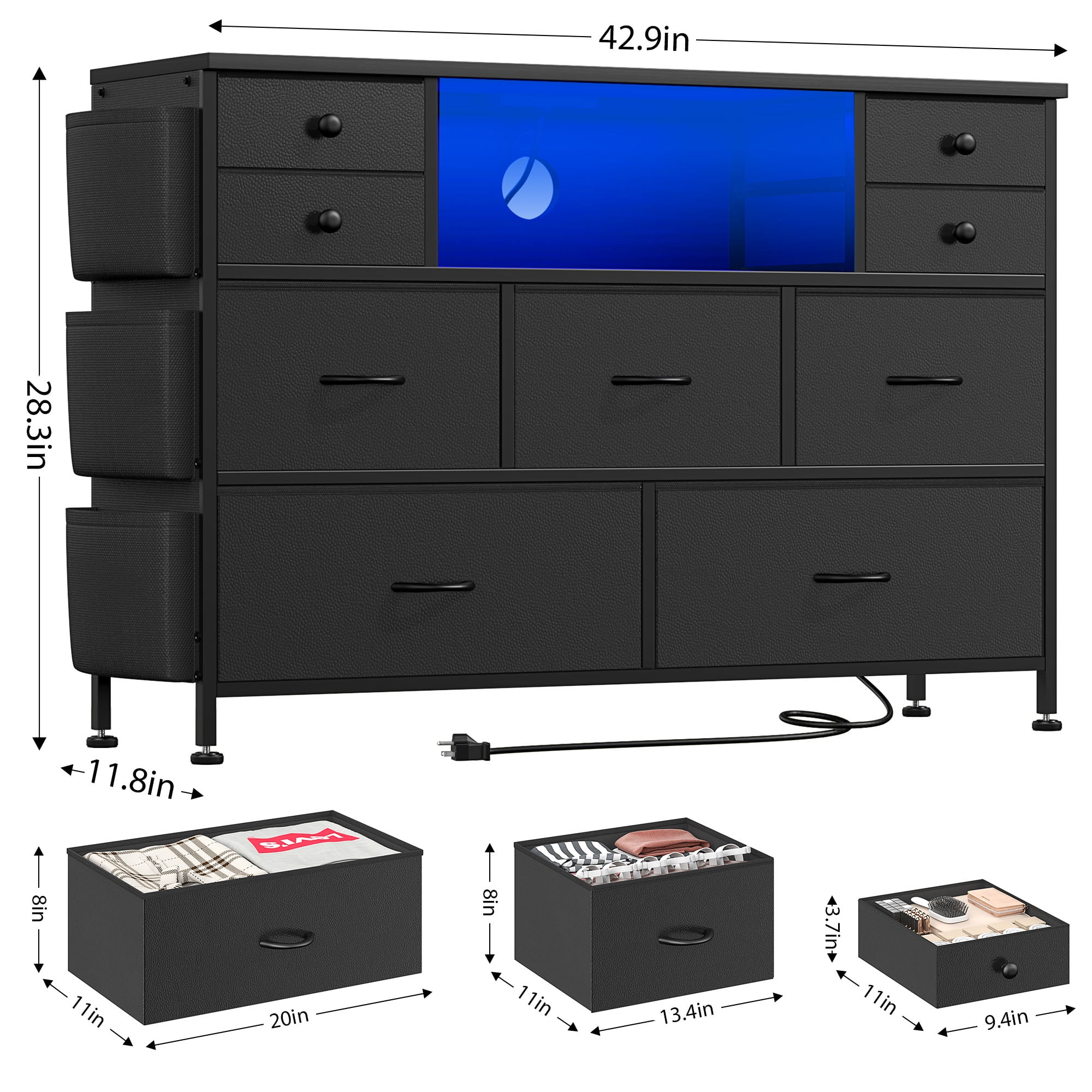 "GIKPAL 9Drawer Dresser with LED Lights, Power Outlets, Suitable for 50"" TV, Black"  (图4)