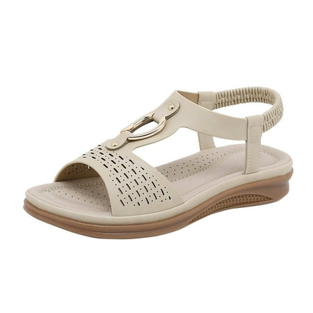 

QYZEU Women s Sandals Hollow Out Sandals Open Toed Elastic Sandals Lightweight Retro Flat Sandals with Arch Support Causal Breathable Sandals Beige 38