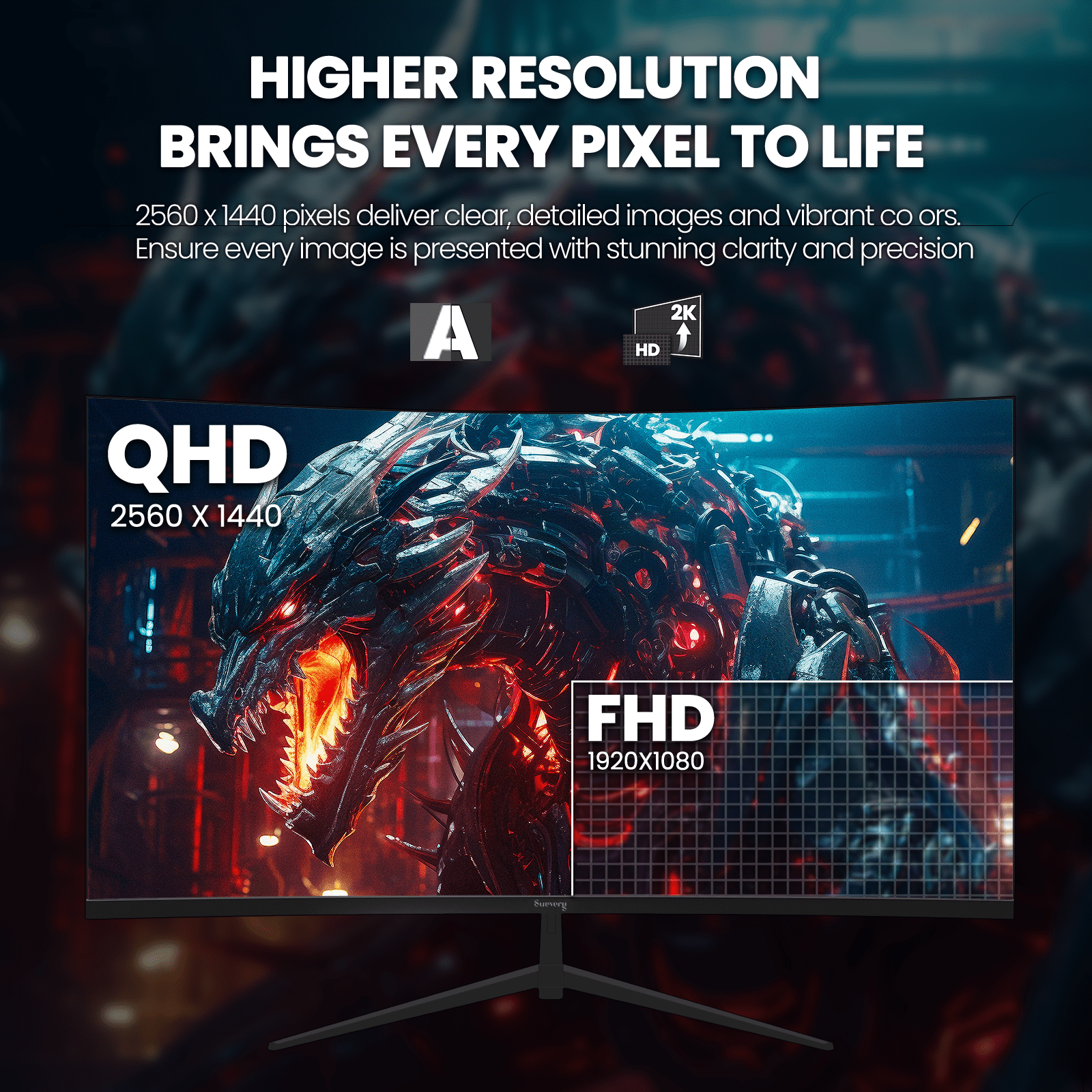 Suevery 32" 165Hz Curved Gaming Monitor, QHD 2560x1440P, 1800R, FreeSync, Low Blue Light, Wall Mountable, HDMI/DP, Black