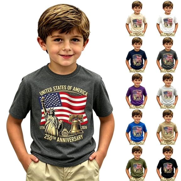 XINPING 250 Years American Flag T-Shirt for Kids, Patriotic Graphic Crew Neck Short Sleeved Fashionable 4th of July Summer Celebration Top for Boys and Girls