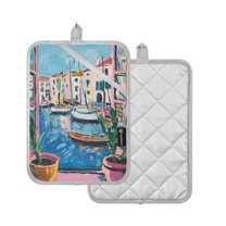 Yayeee Pot Holders Kitchen Heat Resistant with Pocket 7"x9.8" Cotton Oven Cooking Hot Pads, Blue Plants Window