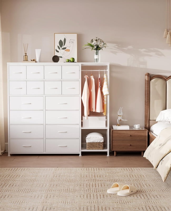 TROPOW Tall Dresser for Bedroom, Fabric Dressers with 16 Drawers & Clothes Rack & 2 Storage Shelves, PU Closet Dresser with Hanging Space, Large Chests of Drawers