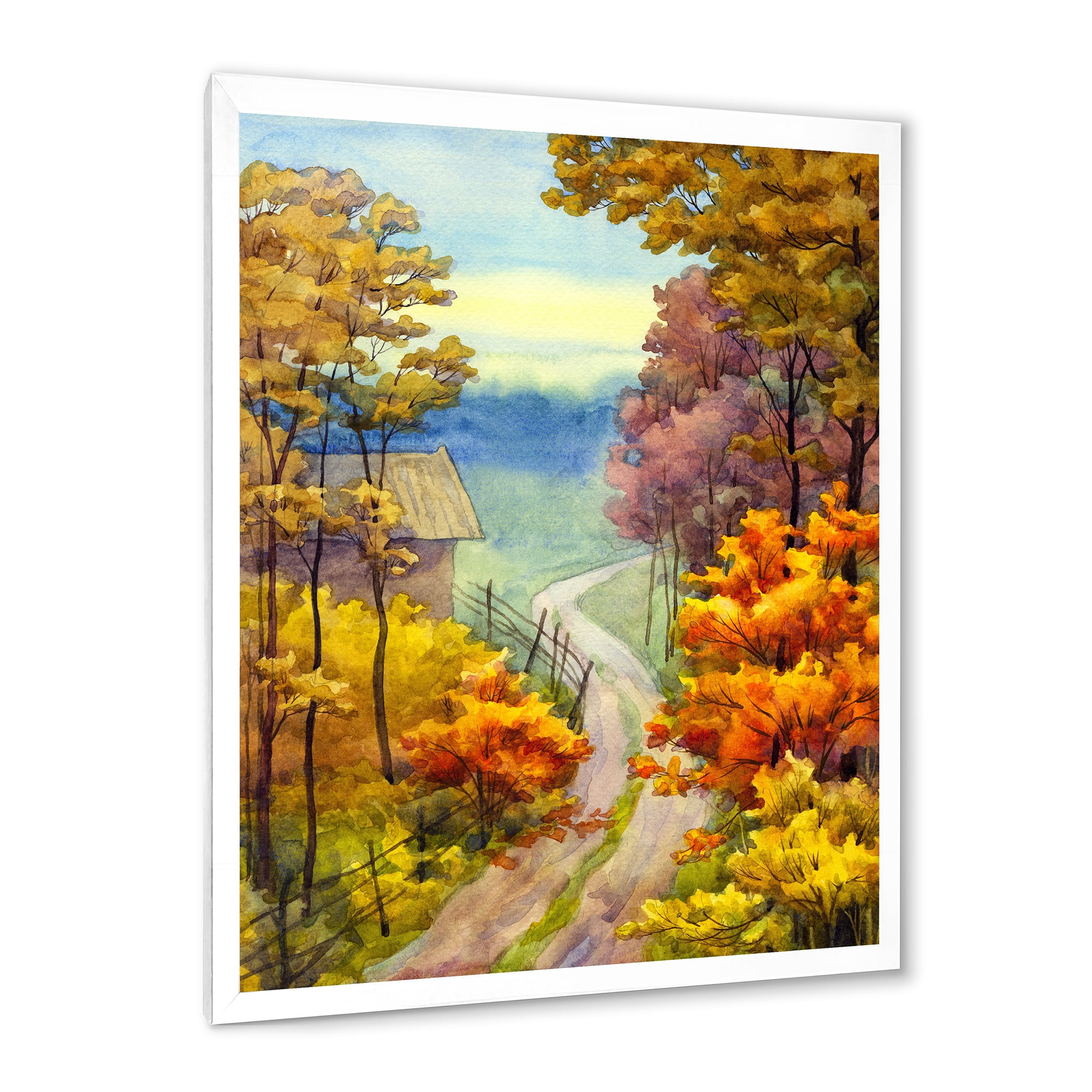 Designart 'Little Road Through VIbrant Autumn Scene' Lake House Framed Art Print