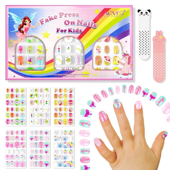 Aliver 144PCS Fake Nail Set for Kids, False Nail Art Kit for Girls,Safe and Odorless Press on Adhesive, Artificial Nail Fun Gifts for Children, Flora Candy