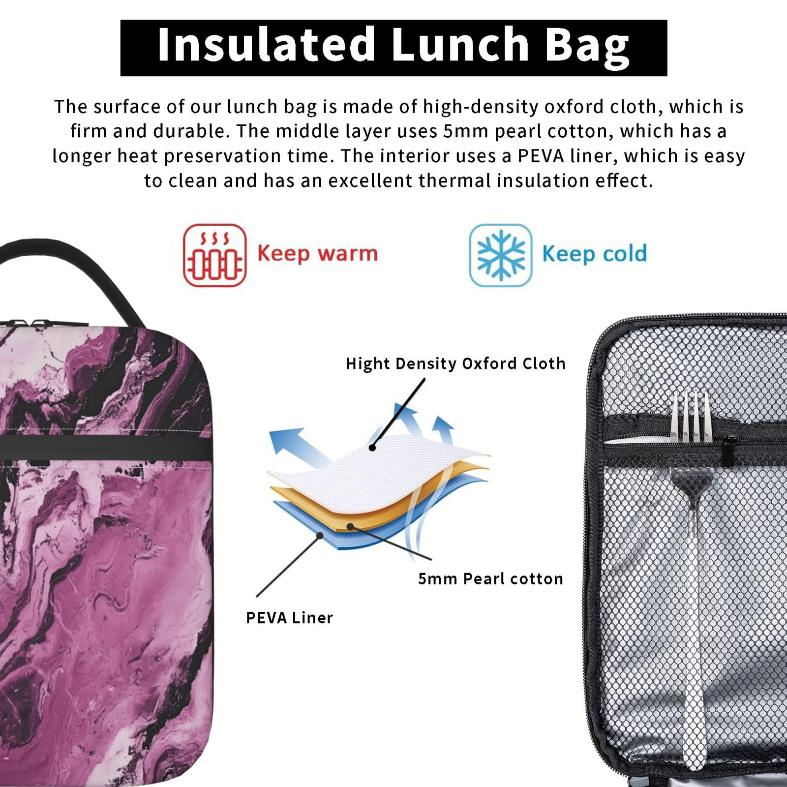Lunch Bag For Women Men Insulated Portable Lunch Box Bento Box Office Picnic Travel Cooler Bag Darkmagenta Marble_1