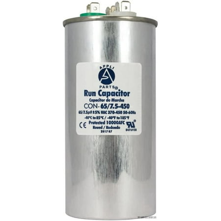 

appli parts dual run acitor for ac 65 7.5 mfd (microfarads) 370vac or 450vac cbb65 round universal fit for hvac and other applications 5-1/4 in high 2-1/4 in wide con-65/7.5-450