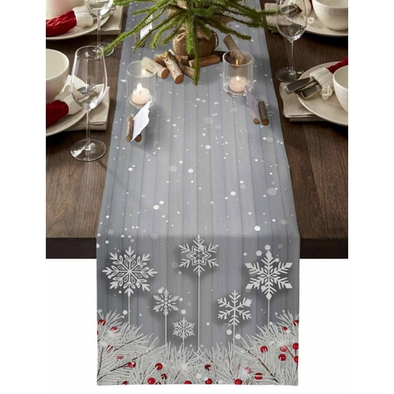 Christmas Table Runner Snowflake Pine Needles Table Runners Berry Grey Wood Grain Cotton Linen Dresser Scarf Kitchen Dining Table Decor for Christmas Holiday Party Decor 13x36 Inch
