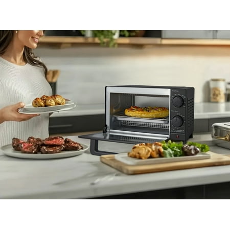 Mainstays 4-Slice Countertop Toaster Oven with 3 Settings, Includes Baking Rack and Pan, Black, New