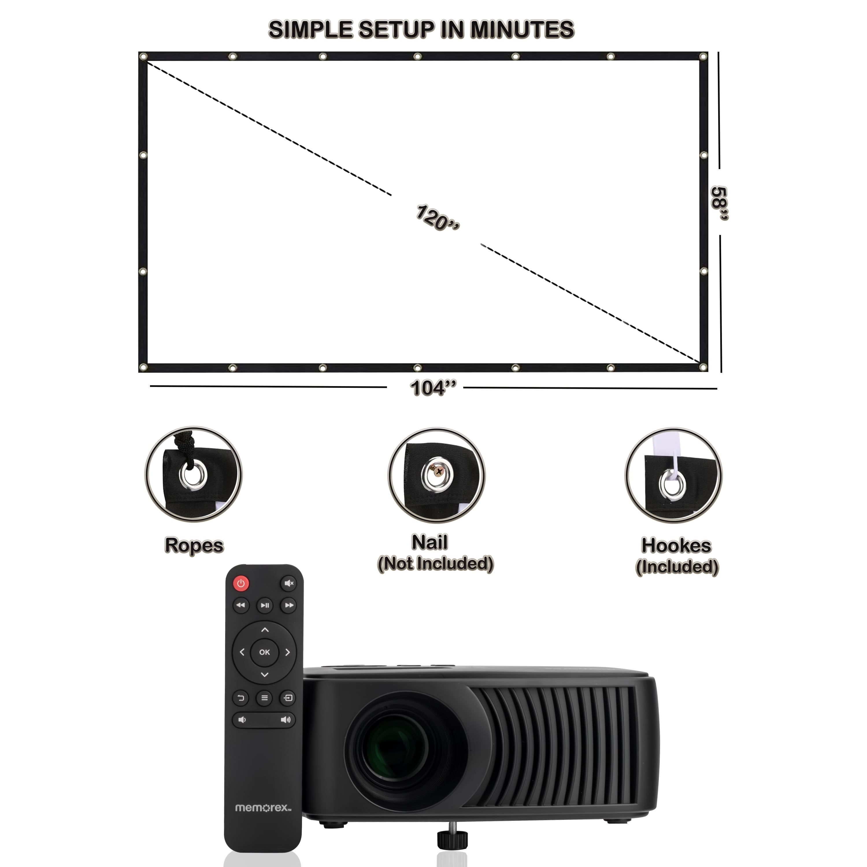 Memorex MX-PJS100 | 720P Bluetooth Projector with 100” Screen | HDMI/USB/AV Inputs | 90 ANSI Lumens, Built-In Speaker, and Wireless Audio Streaming