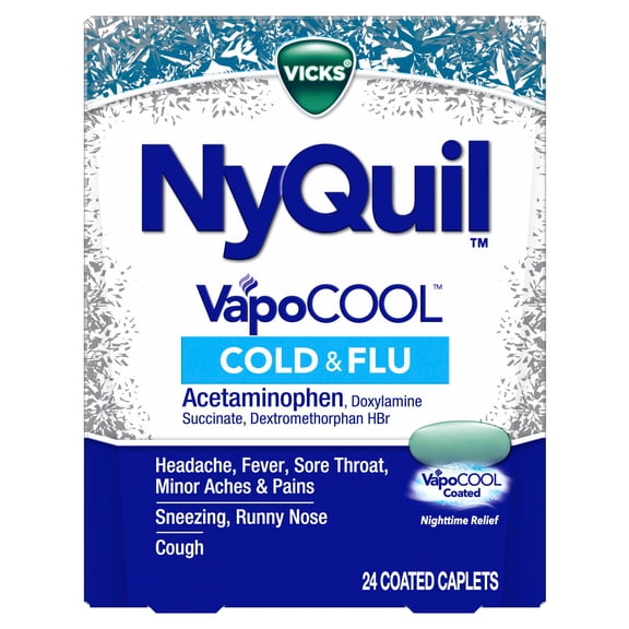 Vicks NyQuil VapoCOOL Cold & Flu Caplets, Nighttime Cold Medicine for Adults, 24 Count