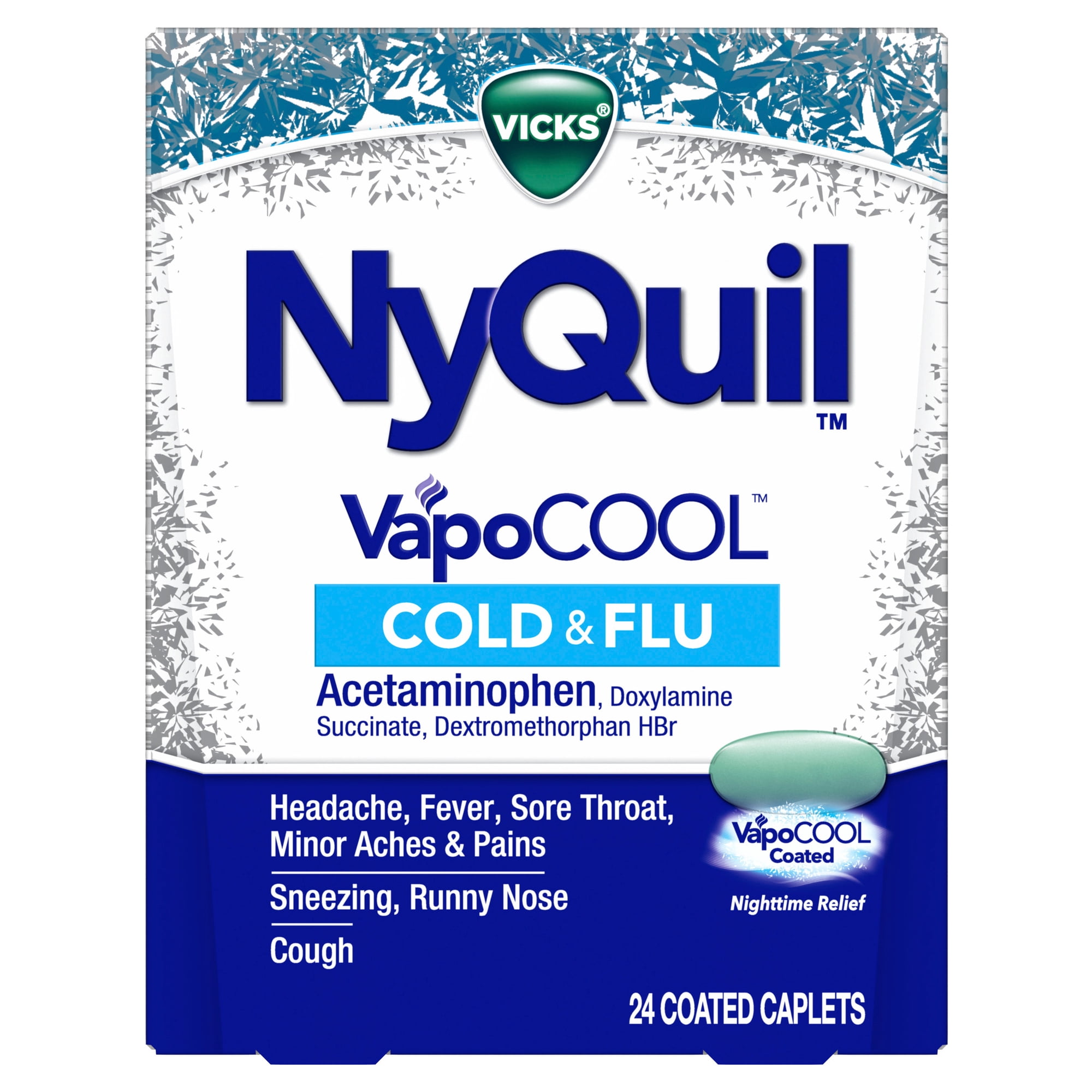 Vicks NyQuil VapoCOOL Cold & Flu Caplets, Nighttime Cold Medicine for Adults, 24 Count