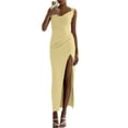 thumbnail image 4 of Women'S Slip Long Dress Cowl Neck Backless Ruched Bodycon Side Split Cocktail Party Night Out Dress Yellow M, 4 of 9