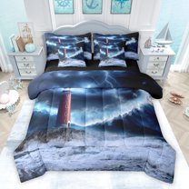 Homewish Nautical Tsunami Lightning Bedding Comforter Set 7 Pieces, Ocean Marine Lighthouse Full Bedding Set, Natural Disaster Reversible Fitted Sheet Flat Sheet, Ultra Soft Bedroom Decor