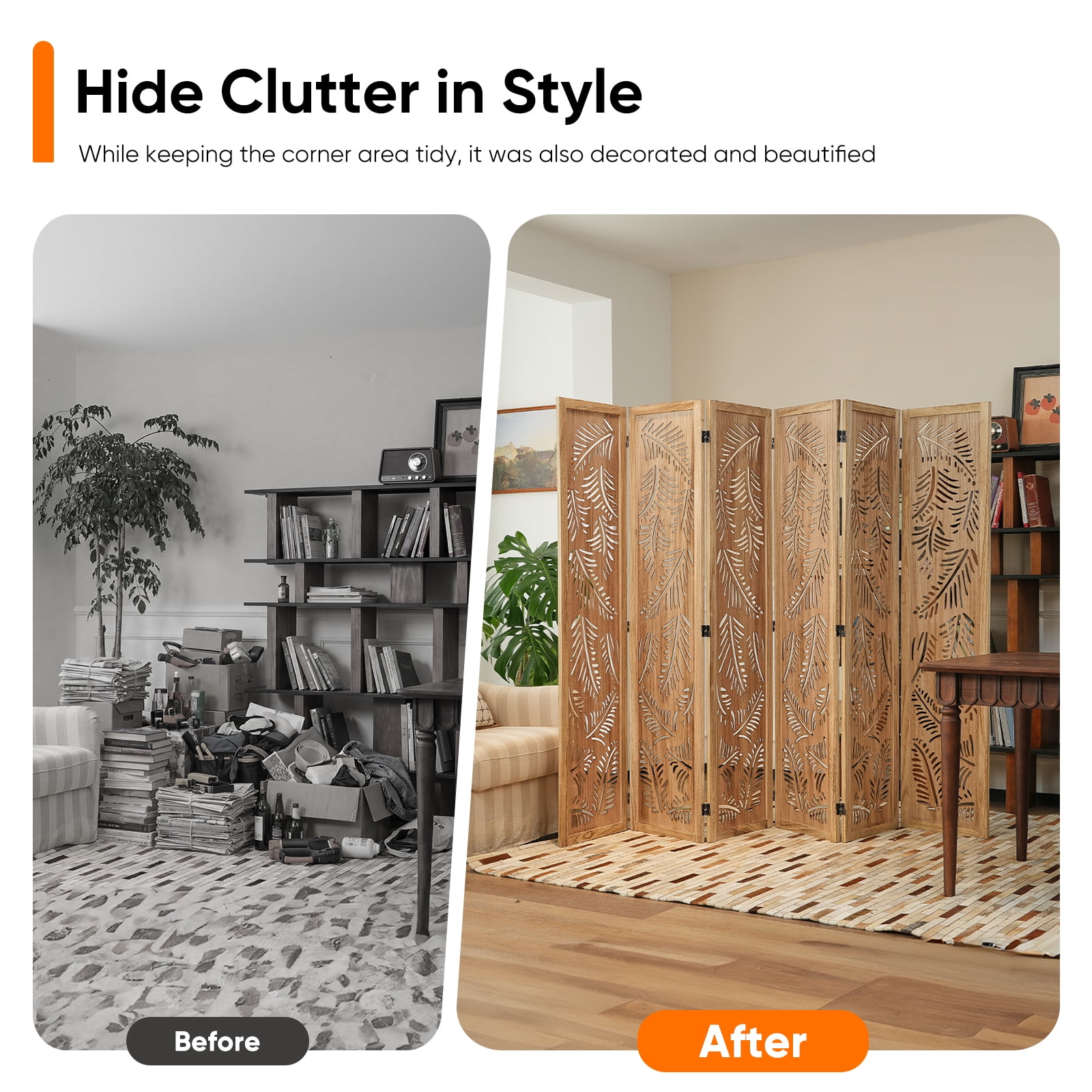 Jostyle 6 Panel Solid Wood Room Divider Privacy Screen - Freestanding Folding Partition with Feather Openwork Design, Paulownia Wood Frame Natural, No Assembly for Living Room, Bedroom, Office