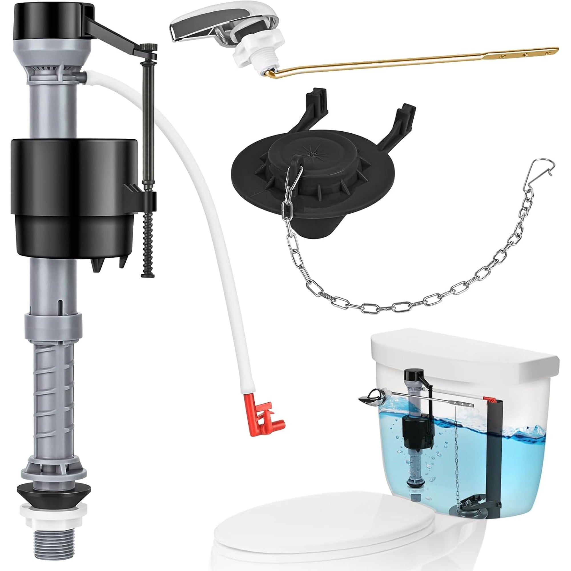 Universal Toilet Flusher Replacement Kit Water-Saving & Height Adjustable Fill Valve 2-Inch Flapper Toilet Handle Lever Quiet & Anti-Siphon Toilet Repair Kit Inside Tank (Red 1-Pack)