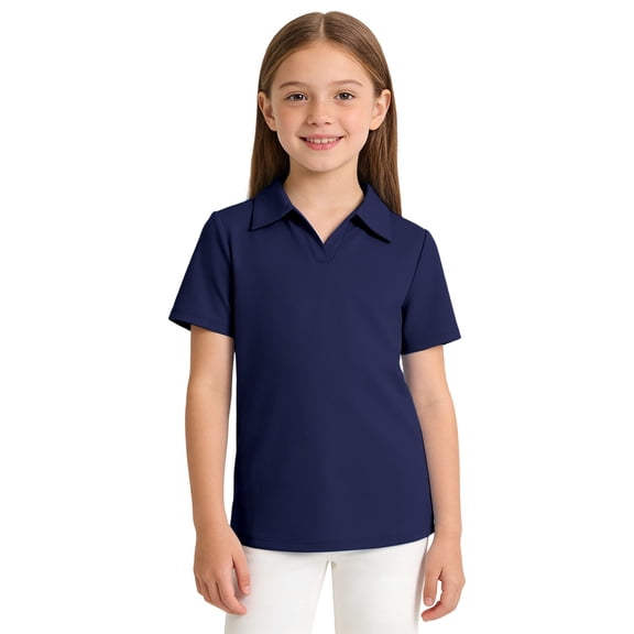 shoper Girls Polo Shirts Golf Tennis School Uniform Short Sleeve T Shirts V-Neck Collared Workout Tops for 3-14 Years (Dark Blue)
