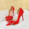 thumbnail image 4 of Zapatos de novia clásicos de tacón alto, delgados, a la moda para damas, con boca poco profunda, puntiagudos, huecos en los lados y lazo de diamante, 4 of 5