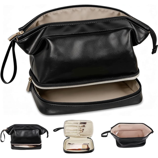 Cosmetiquera para Maquillaje Pequeña Impermeable, Neceser Mujer Portátil, Cosmetiqueras de Viaje para Mujer, Bolsa de Maquillaje con Compartimento, Organizador de Brochas de Maquillaje, Negro