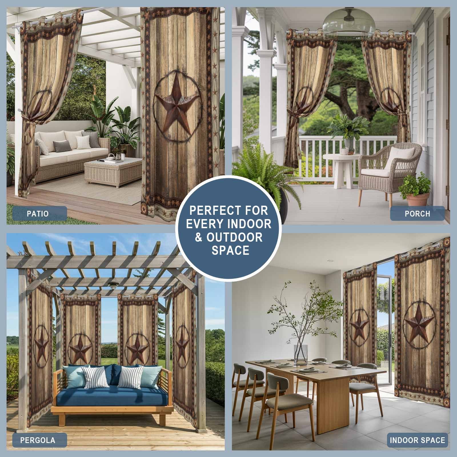 Western Farmhouse Outdoor Curtains for Patio Waterproof,Windproof Privacy Curtains with Weighted Bottom,Primitive Rustic Country Retro Texas Star Outside Drapes for Picnic Garage Yard 54"x95" 2 Panel