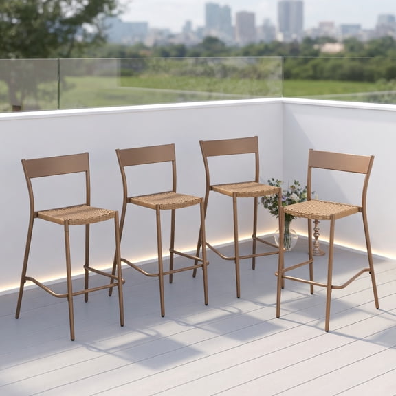 Set of 4 Light Brown Wicker Patio Bar Stools with Metal Frame, Stackable Outdoor Bar Chairs for Backyard, Porch & Poolside – 29" Seat Height, 360 lb Capacity