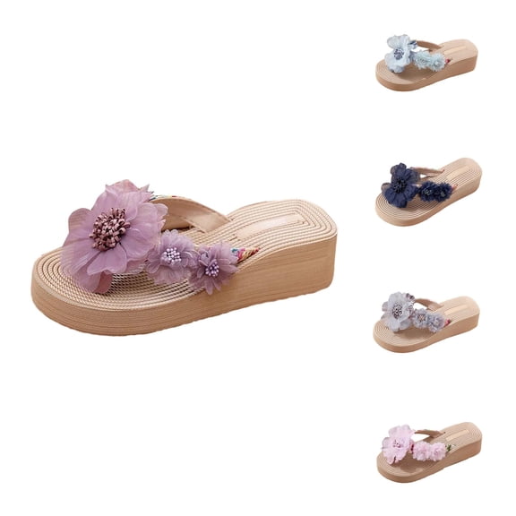 oqasdz Slippers for Women Elegant Summer Floral Design Soft Platform Beach Slip On Flip Flops with Thick Heel for Trendy Casual Wear,Purple
