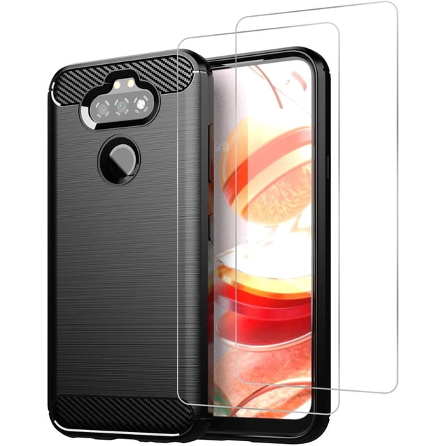 for LG K31 Case LG Aristo 5/5 Plus/LG Risio 4/LG K8x Case with Screen Protector Tempered Glass Lightweight Shock Absorbing Resilient TPU Cover Anti Impact Scratch Resistant Carbon Fiber Black