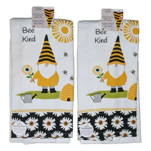 Set of 2 Save The Gnomes BEE KIND Terry Kitchen Towels by Kay Dee Designs