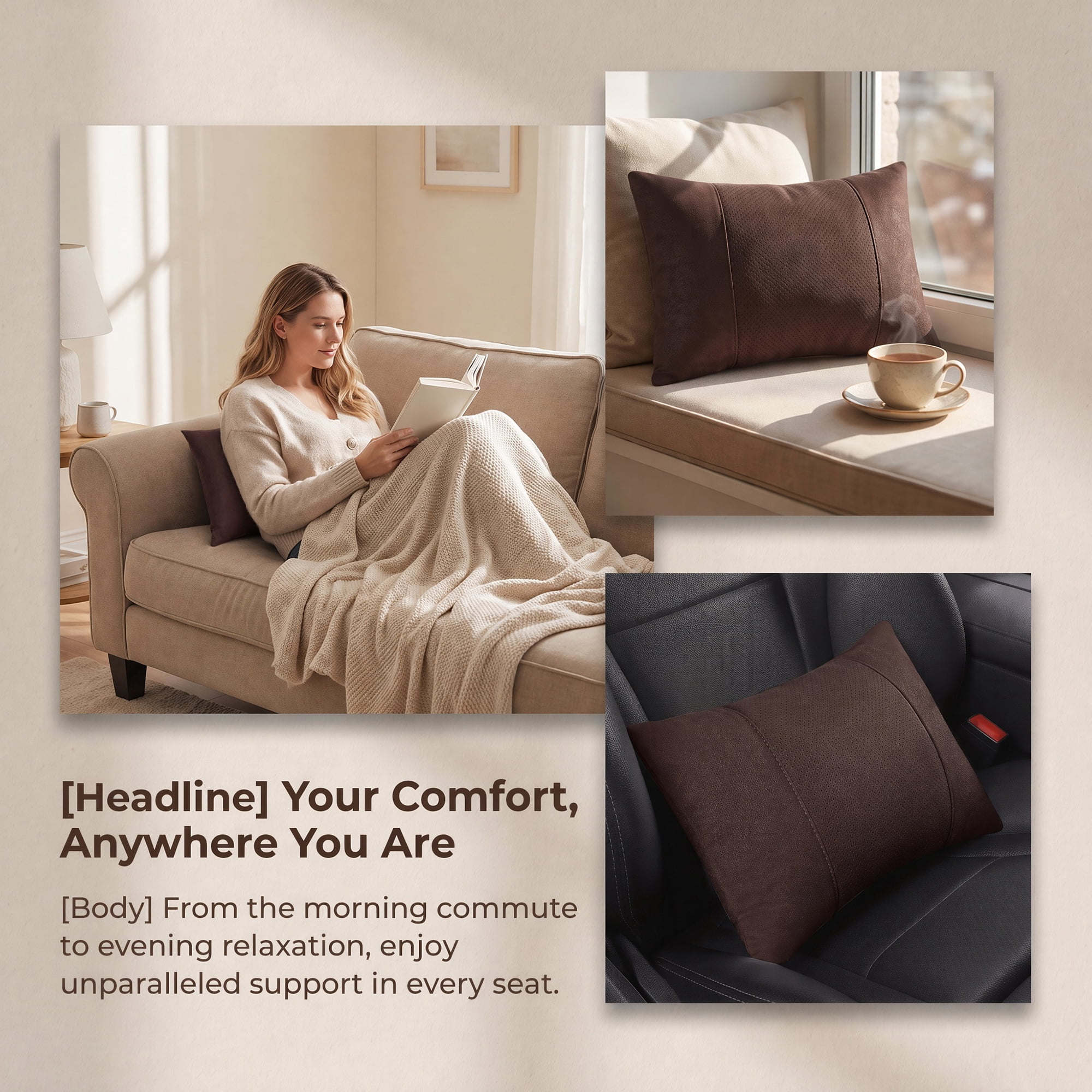 Unique Bargains Lumbar Support Pillow Down Back Support Brown 14.2" x 9.8"