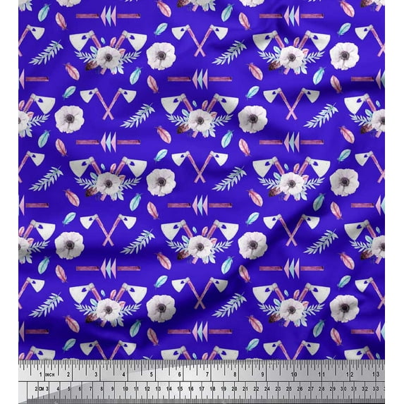 Soimoi Blue Cotton Duck Fabric Hammer & Anemone Floral Print Fabric By the Yard 44 Inch Wide