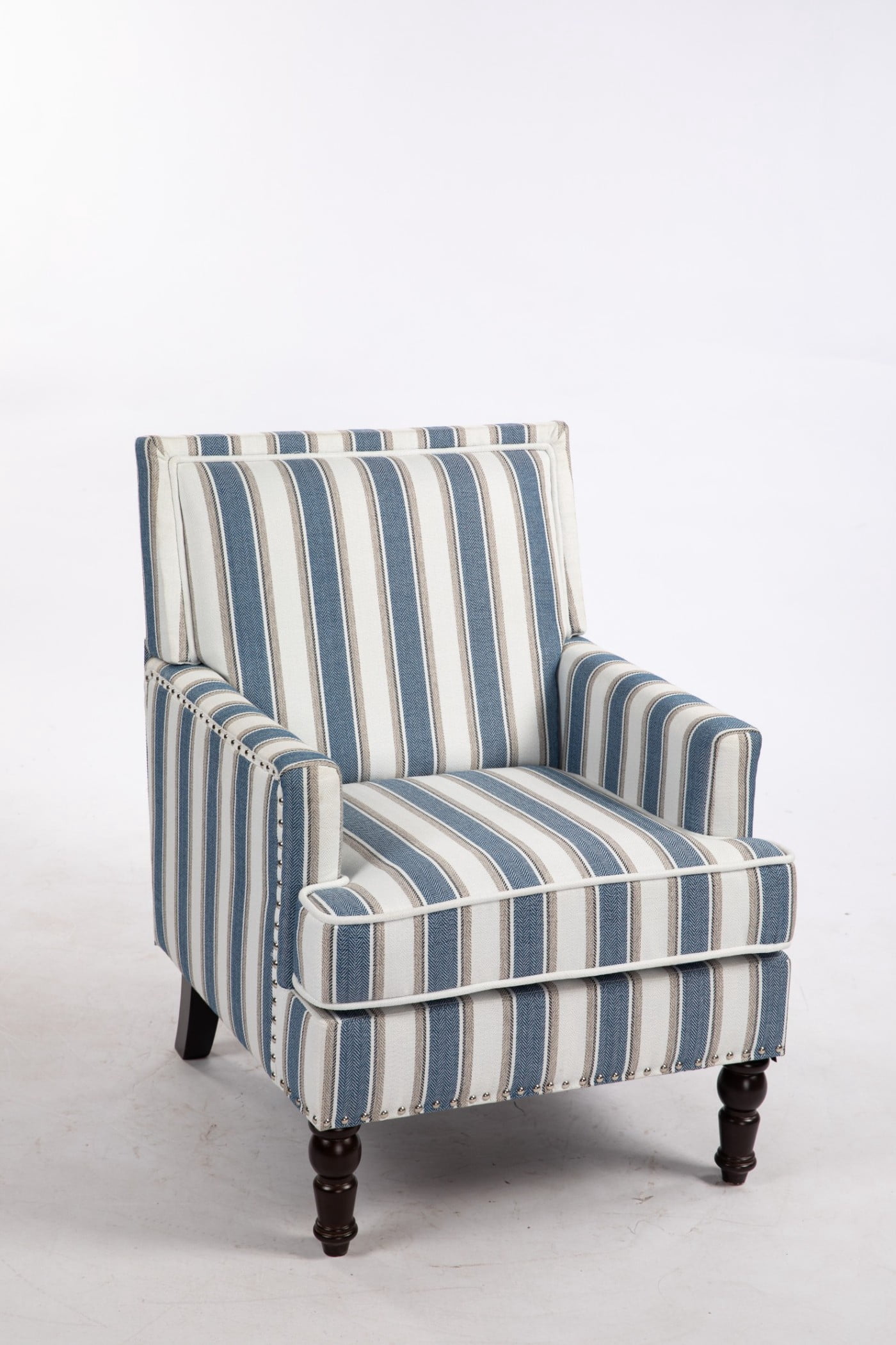 Upholstered Accent Chair with Nailhead Trim, Vintage Striped Linen Armchair, High-Density Foam Reading Chair with Solid Wood Legs for Living Room, Bedroom, Home Office, Blue & White