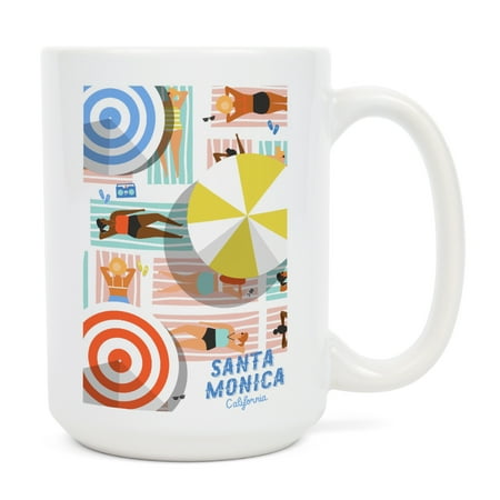 

15 fl oz Ceramic Mug Santa Monica California Aerial Beach Scene Ladies on Towels Dishwasher & Microwave Safe