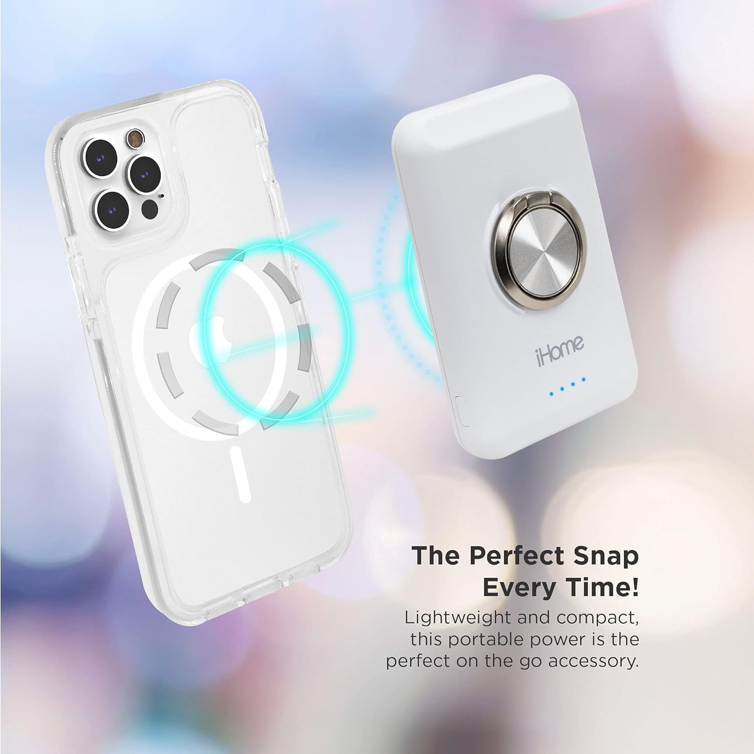 iHome Magnetic Portable Power Bank with Ring Stand, 5,000mAh, MagSafe Compatible, for iPhone 12 & 13