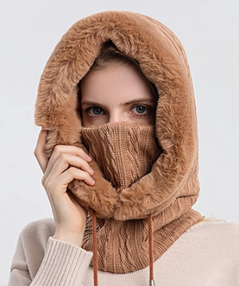 CoCopeaunts Women Winter Fleece Beanie Hat One-Piece Drawstring Knit Beanie Hats Scarf Mask Ski Snow Skull Hat Cap
