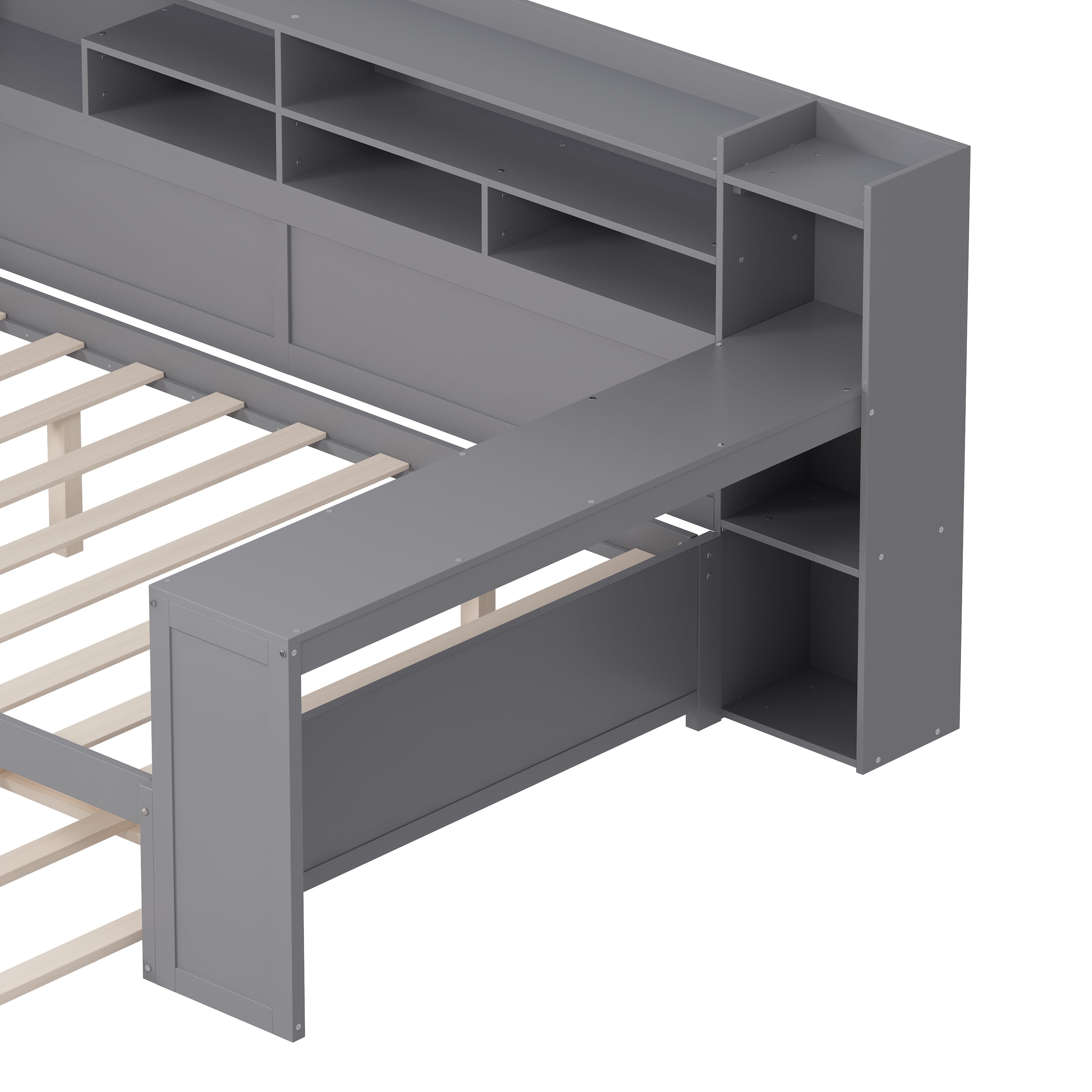 Euroco Wood Full Size Daybed with Storage Shelves and Desk, Twin Size Trundle Bed, Gray
