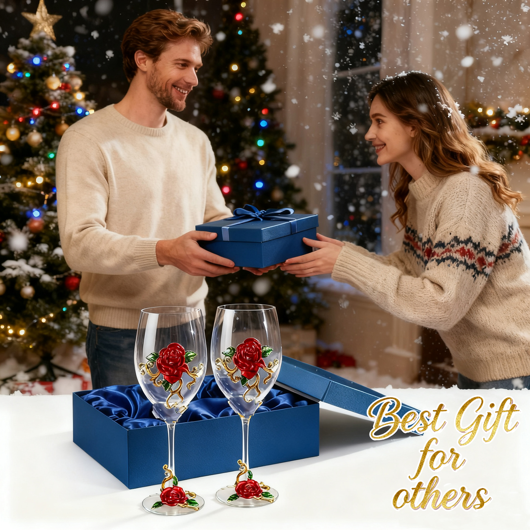 AJONALAA Handmade Painted Enamel Flower Glass Wine Glasses,Transparent Drinking Glasses Set of 2,Gift Box(Red Rose)