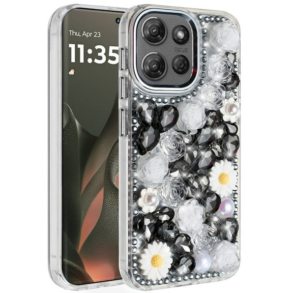 For Motorola Edge 2025 Spectacular Full Bling Stones Glitter HQ Hybrid Floral Series - Black