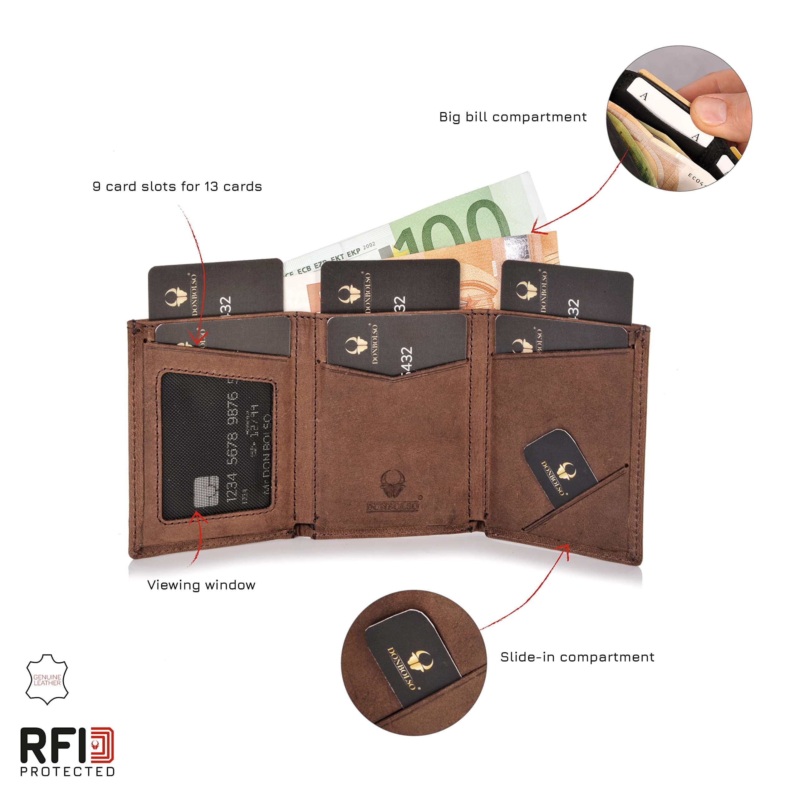 DONBOLSO Wallet 2 I Slim Wallet with RFID Protection I 9 Card Slots for up to 13 Cards I Genuine Leather Credit Card Holder for Men and Women I Nappa : DONBOLSO Wallet Flip I Slim Wallet with Flip Case I
