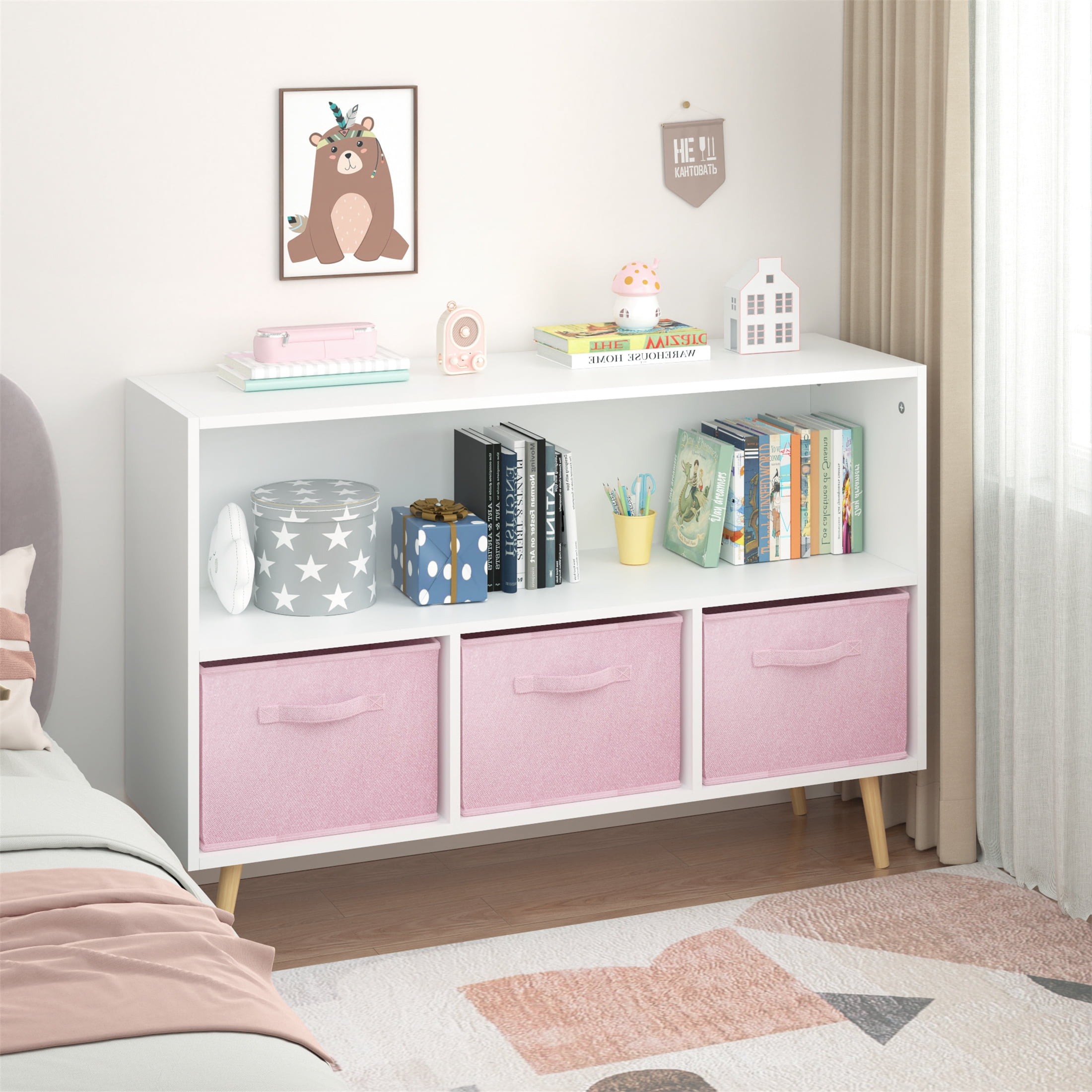 White and Pink Kids Bookcase with 3 Fabric Drawers, 6-Cube Toy Storage Organizer with Wall Anchor, 20-Gallon Capacity Children's Bookshelf for Nursery, 23.6 Inches High