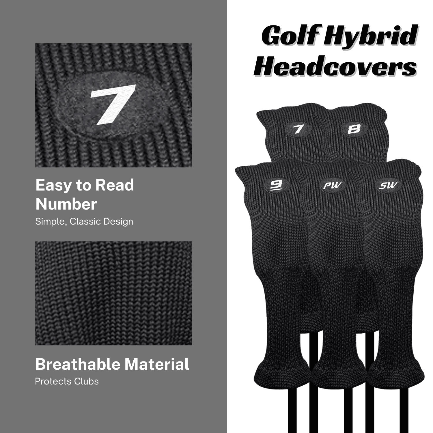Majek All Hybrid Head Cover Golf Club Black Sleek Tight Fit Headcover Set 7-SW Acrylic Head Covers 7 8 9 PW SW Easy to See Large White Embroidered Numbers