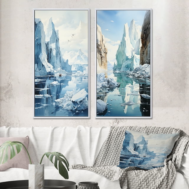 Designart "Arctic Majesty Blue Iceberg" Iceberg Framed Wall Art Set Of 2 - Blue Landscapes Framed Canvas Set For Living Room Decor