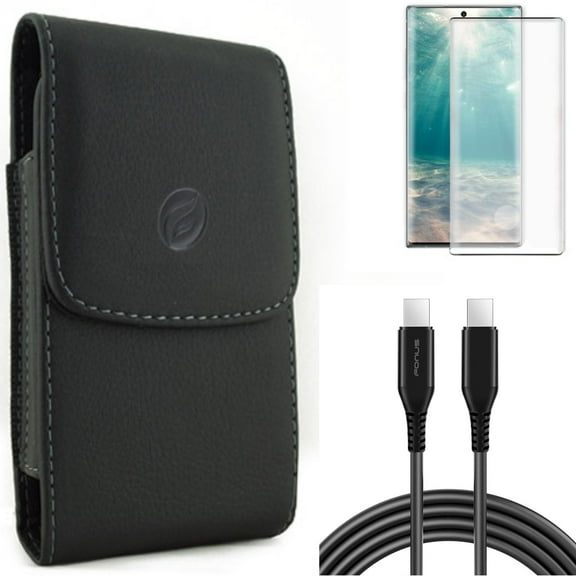 Case Belt Clip & Screen Protector & 10ft Long USB-C Cable for Samsung Galaxy Note 20 (6.7") - Combo with Leather Holster & Tempered Glass (Fingerprint Unlock) & PD Fast Charger Cord Power