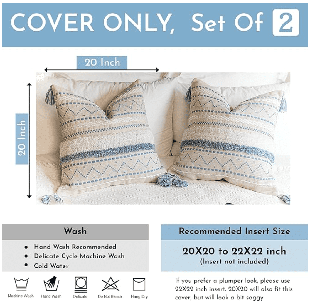 BlissBlush Blue Decorative Lumbar Throw Pillow Cover 12x20 Combo Set of 2 Rectangular Coastal Boho Accent Pillowcase Neutral Farmhouse Cushion for Couch Sofa Bedroom Living Home Décor Cover ONLY