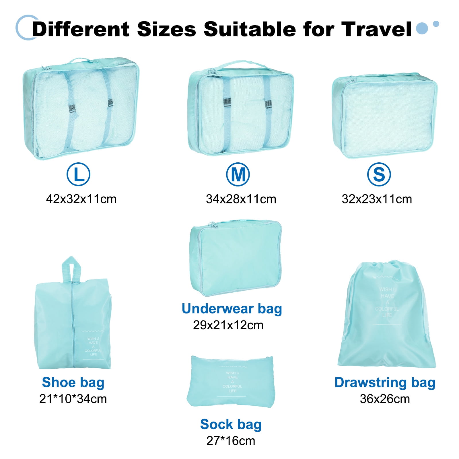 Uxcell 7Set Travel Packing Cube, Travel Bags Organizer Luggage Organizer Bags Lightweight Compression Cube Travel Essentials, Sky Blue
